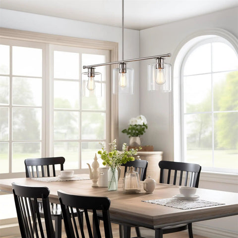 Three Light Kitchen Island Fixture With Clear Glass Cylinder Shades In Warm Brass Finish, Modern Industrial Farmhouse Pendant Lighting With Adjustable Hanging Height For Custom Height