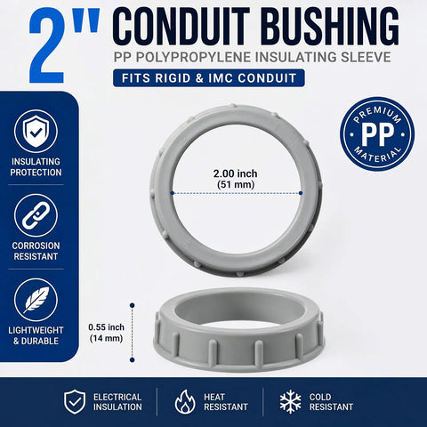 2 Inch Gray Plastic Conduit Bushing, durable polypropylene insulating sleeve for Rigid and IMC electrical installations.