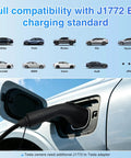 Top Tier Level 2 EV Charger with SAE J1772 plug connecting to EV, showcasing compatibility with various electric vehicles.