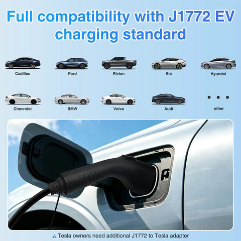 Top Tier Level 2 EV Charger with SAE J1772 plug connecting to EV, showcasing compatibility with various electric vehicles.