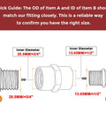 Diagram showing OD of Item A and ID of Item B in Two Pack Brass Pipe Fittings 1/2 NPT Female To 1/4 NPT Female Coupler For Leak Repair And Hose Adapter Your Go To Brass Plumbing Connectors For Indoor Outdoor Use