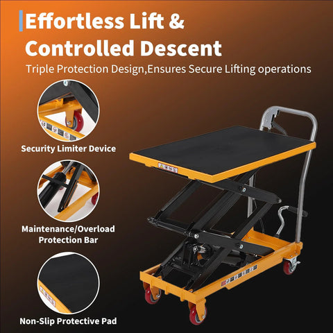 Hydraulic lift table cart with non-slip pad, black platform, yellow frame, four caster wheels.