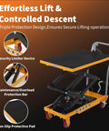Heavy Duty Hydraulic Lift Cart With A Rock Solid Steel Frame, Five Hundred Pound Capacity, showing security limiter and non-slip deck.