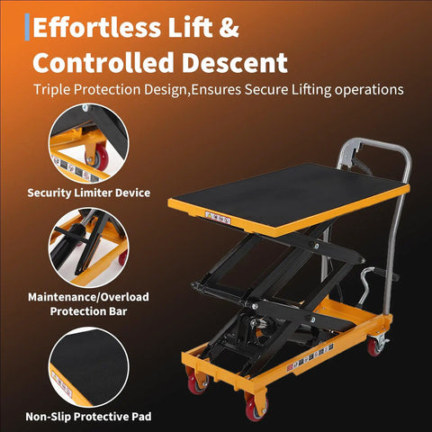 Heavy Duty Hydraulic Lift Cart With A Rock Solid Steel Frame, Five Hundred Pound Capacity, showing security limiter and non-slip deck.