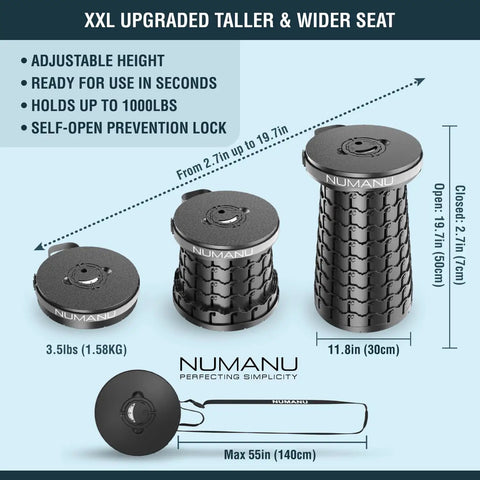 Heavy Duty XXL Collapsible Camping Stool With Cushioned Carry Bag 3 In 1, Adjustable Height From 2.7 To 19.7 Inches, 1000 Lb Capacity