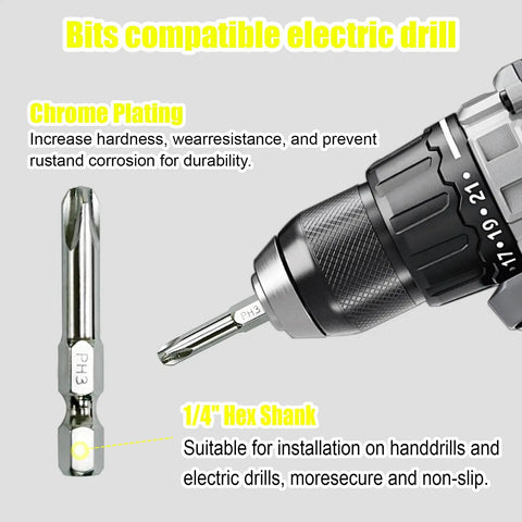 Close-up of electric drill compatible with 126 In 1 Precision Screwdriver Set with 111 Magnetic Bits and adapter.