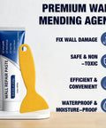Two Piece Drywall Repair Kit With Wall Patch Paste Scraper And Sandpaper Quick Crack Filler DIY Home Fix Patch Paste Repair Kit For Plaster Walls Mending Agent For Seamless Repairs, showing wall repair paste and yellow scraper.