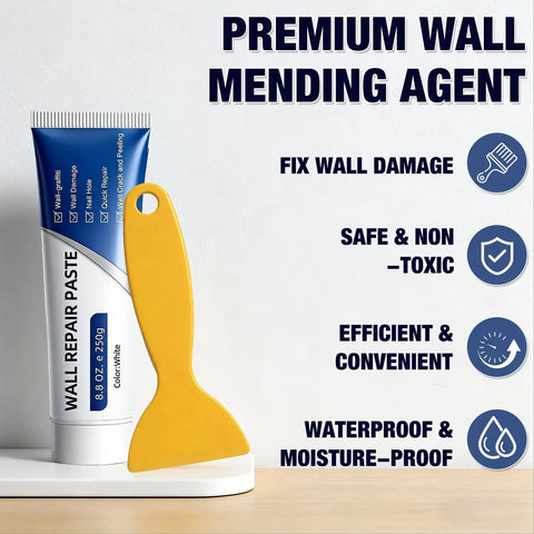 Two Piece Drywall Repair Kit With Wall Patch Paste Scraper And Sandpaper Quick Crack Filler DIY Home Fix Patch Paste Repair Kit For Plaster Walls Mending Agent For Seamless Repairs, showing wall repair paste and yellow scraper.