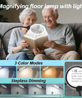 Elderly couple using 10X Floor Magnifying Glass With Light And Stand, 5.1 Inch Real Glass Lens to read, three color modes shown