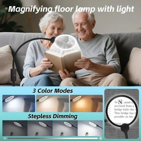 Elderly couple using 10X Floor Magnifying Glass With Light And Stand, 5.1 Inch Real Glass Lens to read, three color modes shown