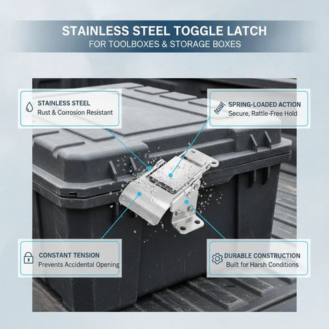 Stainless Steel Toggle Latch For Toolboxes And Storage Cases With Easy Pull To Lock Design Corrosion Resistant installed on toolbox