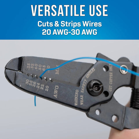 Close-up of 20-30 AWG Wire Stripper And Cutter With Coil Spring And Wire Looping Hole showing precision wire cut.