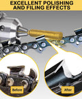 Close-up of Pro Grade Diamond Chainsaw Sharpener Kit With 72 Pieces And One Eighth Inch Shank in action on chainsaw teeth