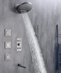CUTPOIY Gray Shower System with Handheld Wall-Mounted Shower Faucet Set Rain Shower System featuring top spray and controls.