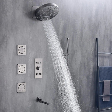 CUTPOIY Gray Shower System with Handheld Wall-Mounted Shower Faucet Set Rain Shower System featuring top spray and controls.