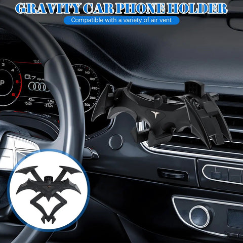 Bat Wings Car Phone Holder With Universal Air Vent Mount And Mechanical Wing Design For Ultra Stable Hands Free Phone Access On The Road, mounted on car air vent.