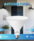2 Pack LED PAR38 Dusk To Dawn Flood Light Bulbs For Outdoor Use, 20W 200W Equivalent, shown installed on porch