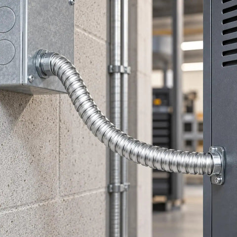 Heavy Duty Encased Galvanized Steel Flexible Electrical Conduit Three Eighth Inch Size Of 100 Feet connected to a metal junction box.