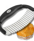 TableCraft H6610 mezzaluna crinkle cutter with black handle and stainless steel ridged blade