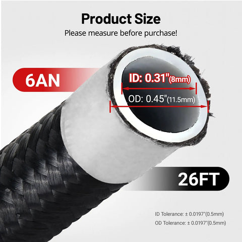 Cross-section of 6AN PTFE Fuel Line Kit for E85 Nylon Braided Hose, 26 Ft Long with AN6 Fittings, showing ID and OD dimensions.