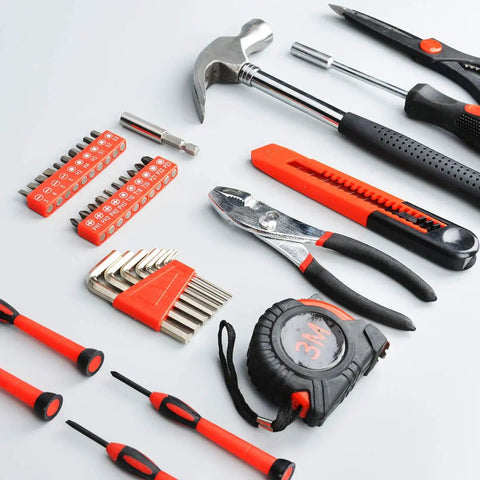 39 Piece Home Tools Kit With Plastic Toolbox Handy Starter Set includes hammer, screwdriver bits, hex keys, plier, and knife.