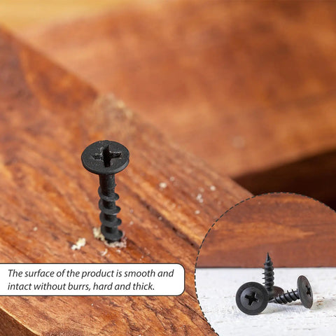 Close-up of a black self-tapping screw inserted into wood, part of 210 PC Carbon Steel Black Self Tapping Screws Kit M3.0 To M4.8 Pan Head With Washer Cross Drive Fasteners Assortment For General Hardware And DIY Projects.