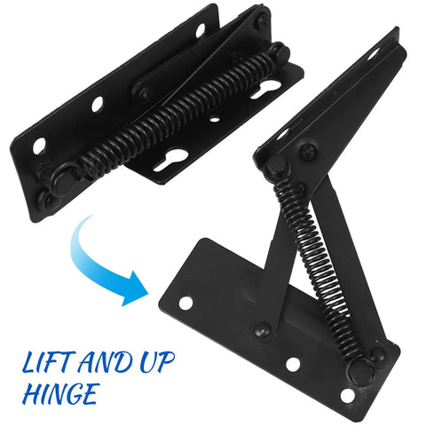 Spring Loaded Cabinet Hinge Pair For Lift Doors And 85-Degree Vertical Folding, black metal hinges with coiled springs.