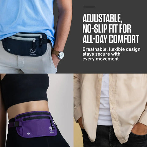 Hidden Money Belt For Travel With RFID Blocking Passport Holder worn by models in blue, purple, and black, showing versatile styles