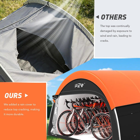 Inside view of an Upgraded Heavy Duty Bike Tent With Rain Cover Outdoor Storage Shed That Fits 8 to 10 Bikes, including waterproof features.