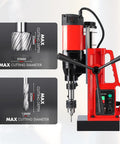 Heavy Duty 1550W Magnetic Drill Press With Variable Speed Up To 500 RPM showing controls, cutting depth and diameter specifications.