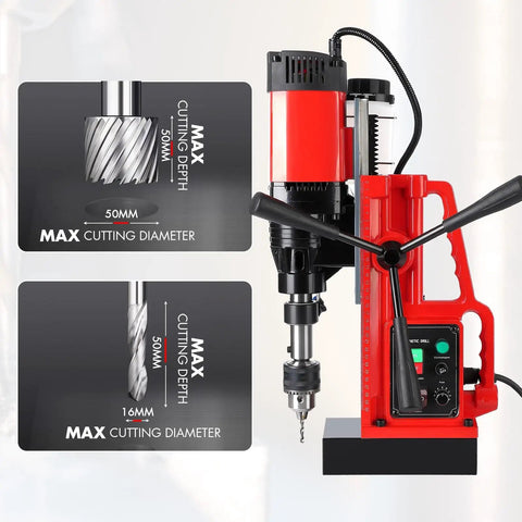Heavy Duty 1550W Magnetic Drill Press With Variable Speed Up To 500 RPM showing controls, cutting depth and diameter specifications.