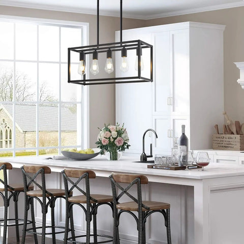 5-Light Black Farmhouse Kitchen Chandelier, Rectangular Linear Pendant Light Fixture for Kitchen Island with Adjustable Height