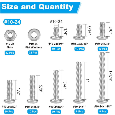 304 Stainless Steel 10-24 Phillips Pan Head Machine Screws Nuts Washers Kit for DIY Projects and Home Fixes, various sizes shown
