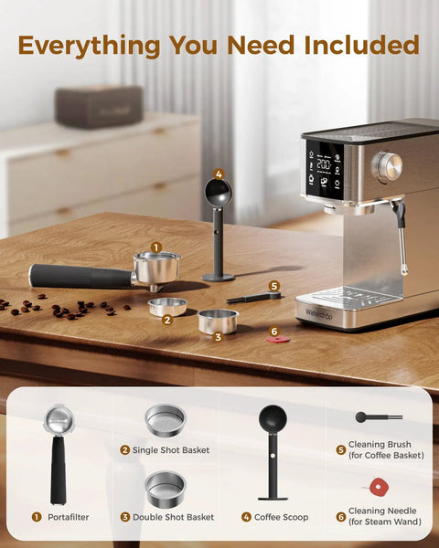 Semi Automatic Espresso Machine With 20 Bar Pressure And Built In Activated Carbon Water Filter Cutting Chlorine For A Crystal Clear Flavor Kick Daily Morning Fuel Compact Countertop Setup with included accessories on wooden table.