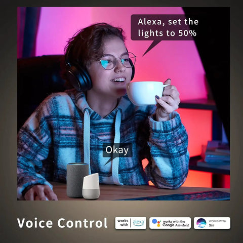 Person using voice control with 4 Pack 4 Inch RGB LED Recessed Downlights With J Box 10W 800LM, app controlled, relaxed setting.