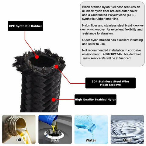 Detailed view of 12AN 10Ft Universal Braided Stainless Steel Fuel Line Kit with Nylon CPE Hose and components