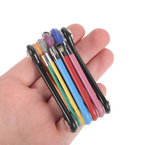 Premium Foldable Hex Key Wrench Set with Color Coded Coating Perfect For Bike Repair Home Maintenance And Plumbing Tasks This Compact Multifunctional Tool Kit Is A Total Game Changer For Any DIY Enthusiast Looking To Fix Everything From Bicycles To in hand, color-coded steel hex keys folded compactly
