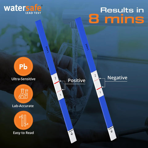 Lead Water Test Kit You Can Trust, 8 Minute Detection Under 5 PPB, EPA Compliant, Lab Verified, Easy DIY Home Testing For Tap And Well Water, Made In USA, 1 Pack shown next to water glass with result indicators