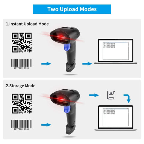 Portable Wireless 1D 2D Barcode Scanner With Stand For Quick Paper And Screen Scans demonstrating instant and storage modes
