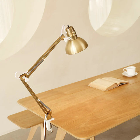Clamp-On Swing Arm Desk Lamp In White With Nickel Accents 31.5 Inch Reach On Off Rotary Switch Book Reading Light For Home Office Decor LED Bulb Compatible
