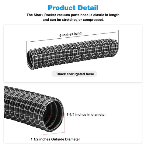 Black corrugated lower duct hose for Shark Rotator vacuum 6 inches long, 1-1/4 inches diameter, for NV341 NV470 NV500 NV501 NV751 UV560.