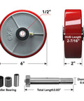 Beefed-Up Heavy Duty 6 Inch By 2 Inch Polyurethane Tread On Cast Iron Caster Wheels, 1/2 Inch Bore, product dimensions