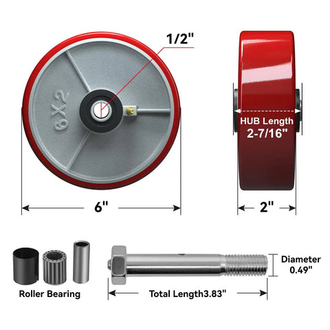 Beefed-Up Heavy Duty 6 Inch By 2 Inch Polyurethane Tread On Cast Iron Caster Wheels, 1/2 Inch Bore, product dimensions