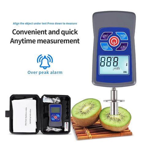 Digital Fruit Hardness Tester Handheld Sclerometer Penetrometer measuring a sliced kiwi with a digital display in a case.