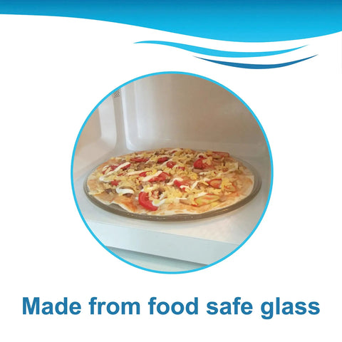 Hqrp 10.5 Inch Glass Turntable Tray compatible with GE, Hamilton Beach, Panasonic microwave, showing pizza inside microwave.