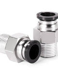 Close-up of Easy Push To Connect Pneumatic Fittings Straight Male One Eighth Inch Tube OD to NPT, copper and plastic, tool-free use