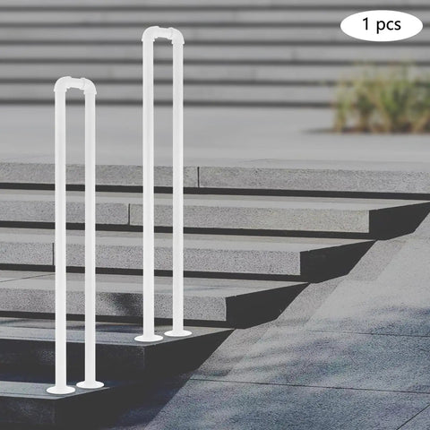 Heavy Duty U Shaped Stair Handrail With Solid Steel Wall Mount Railing, two white handrails on stone steps.