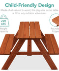 Front view of Wooden Kids Picnic Table With Umbrella For Backyard Play And Outdoor Fun Activity Table Set With Built In Benches 220 Lb Capacity Per Bench Hemlock Wood In Golden Brown And Navy Finish