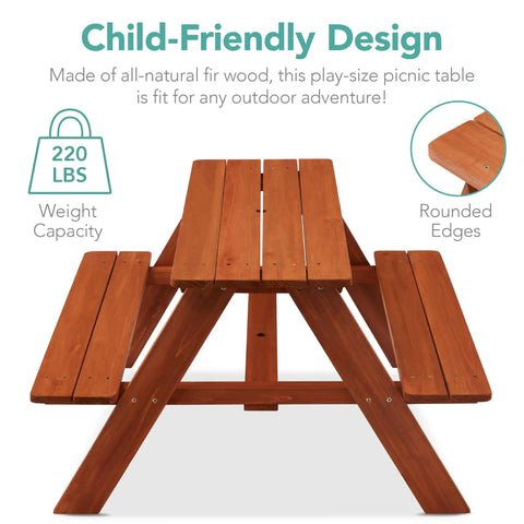 Front view of Wooden Kids Picnic Table With Umbrella For Backyard Play And Outdoor Fun Activity Table Set With Built In Benches 220 Lb Capacity Per Bench Hemlock Wood In Golden Brown And Navy Finish