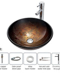 USZWBY Bathroom Vessel Sink with Faucet and Drain Combo Vessel Bowl Sink Tempered Glass Countertop Sink Bowl Round Brown Art Above Counter Sink Art Basin, Thickness 12 Cm, featuring a shiny chrome faucet and decorative bowl design.